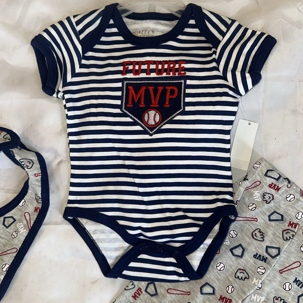 Quacker Jack Baby Boy 3PC Baseball Outfit Set Future MVP Navy Grey 3-6M NEW